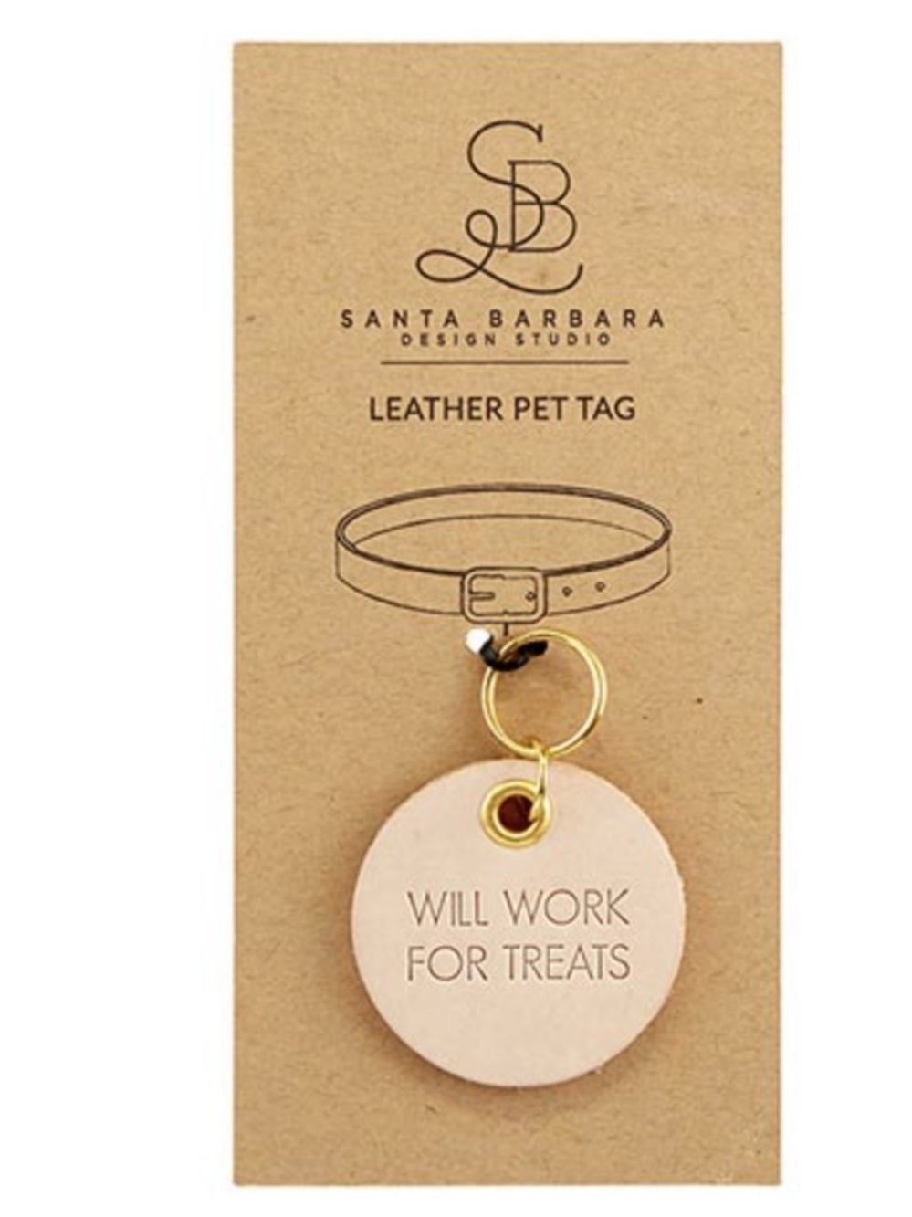 Leather Pet Tag - Will Work For Treats (Natural)